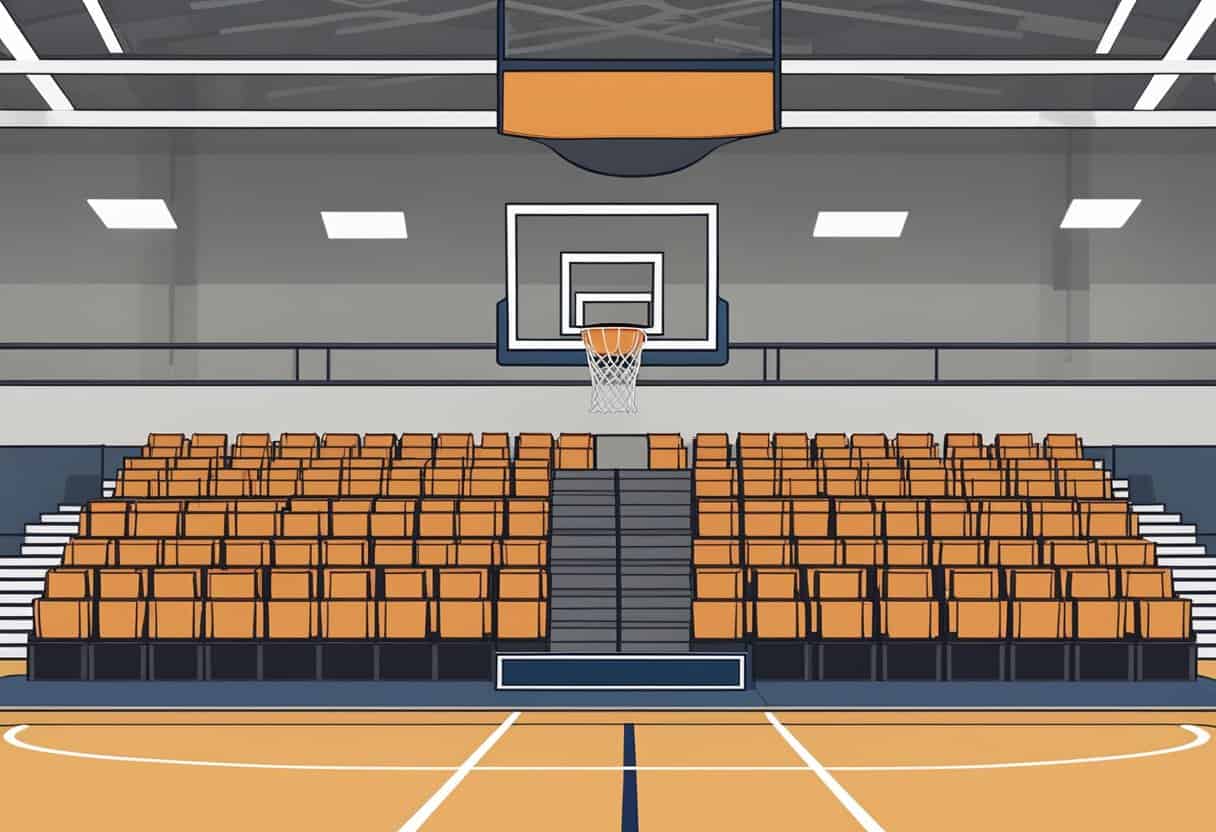 A basketball court with empty bleachers, jerseys hanging on the wall, and a trophy display
