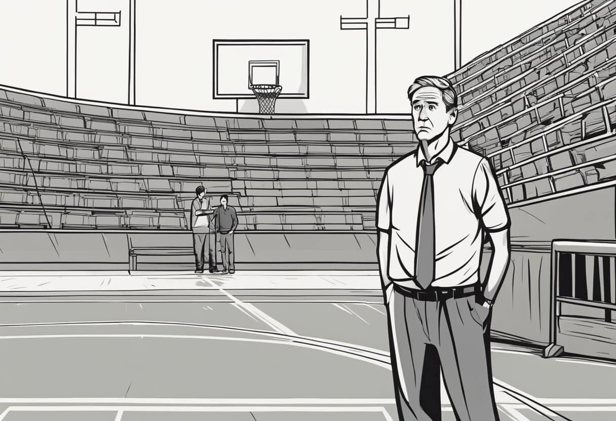 A basketball coach stands on the court, surrounded by empty bleachers. The scoreboard shows the final score. The coach looks contemplative, with a hint of disappointment on his face