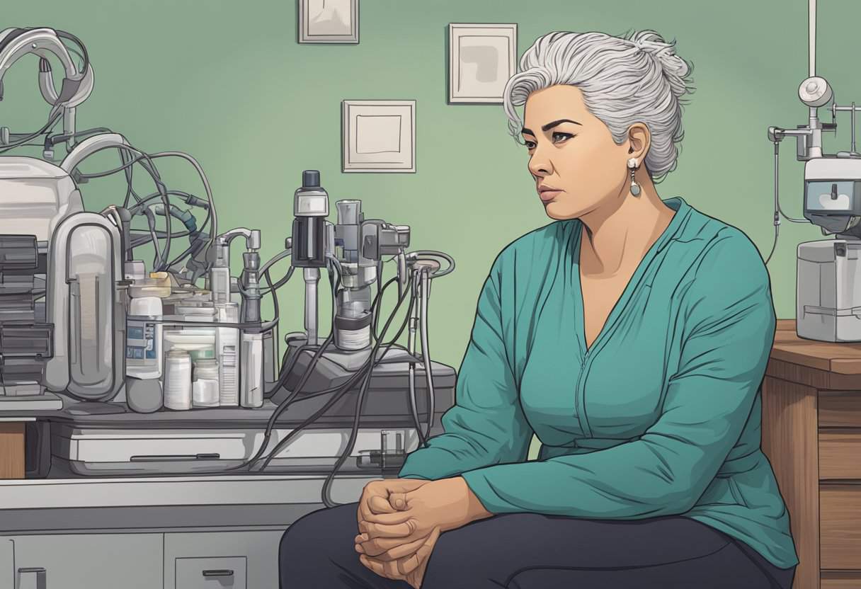 Morgan Fieri's health struggles: A woman sits alone, surrounded by medical equipment and a concerned expression on her face