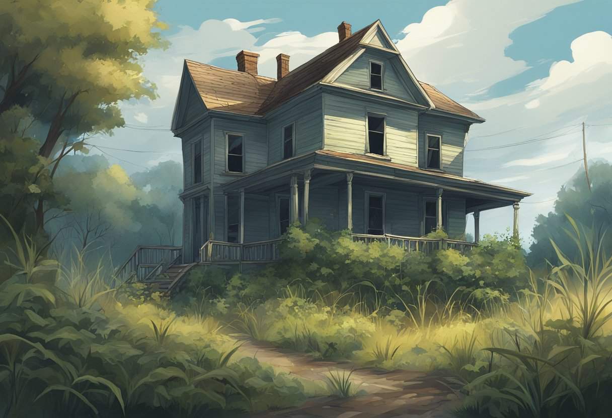 A deserted house with broken windows, overgrown weeds, and a haunting atmosphere