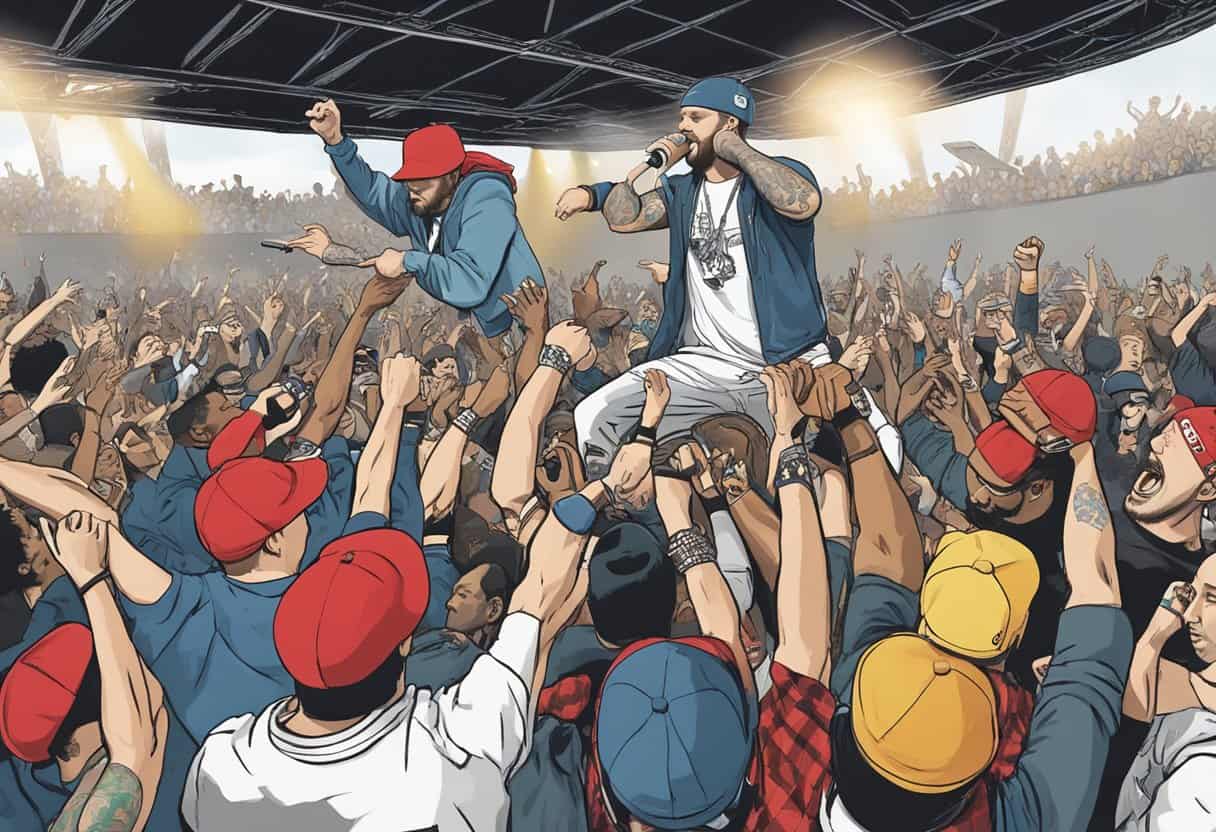 Limp Bizkit's rise to fame: band performing on a crowded stage, energetic fans cheering, and Fred Durst leading the show with his signature red cap