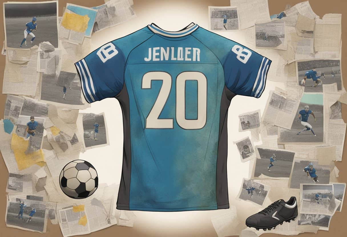 A worn-out football jersey hangs on a wall, surrounded by framed newspaper clippings and faded photos of a young boy kicking a ball