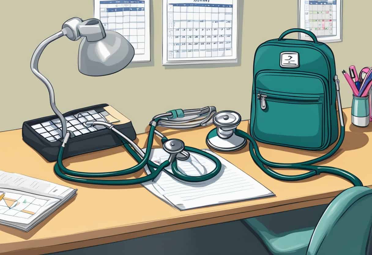 Dr. Brenda's stethoscope dangles from a hook as her medical bag sits open on the table. A calendar on the wall shows a busy schedule