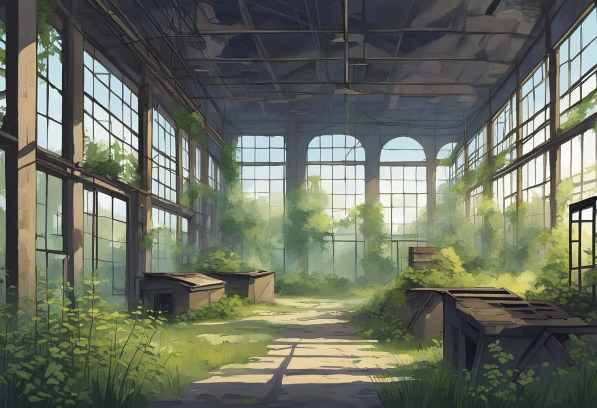 Tommy Smith's background: A deserted, run-down factory with broken windows and overgrown weeds. A sense of abandonment and neglect