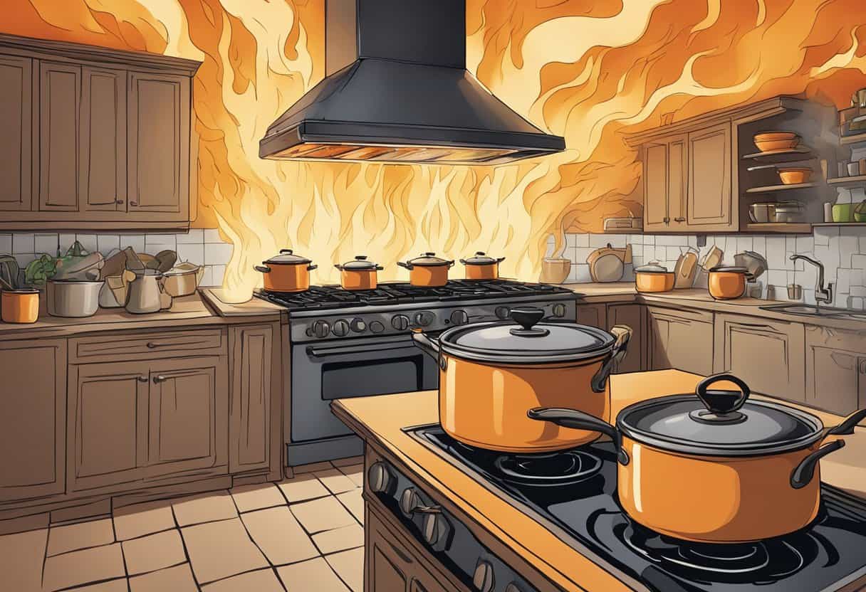 A fiery kitchen with pots boiling over, flames leaping from the stove, and smoke billowing in the air