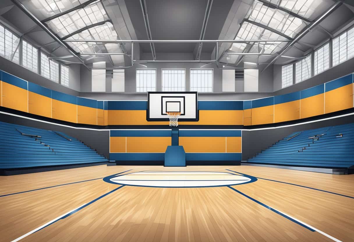 A basketball court with empty bleachers, team jerseys hanging in the background, and a championship banner on the wall