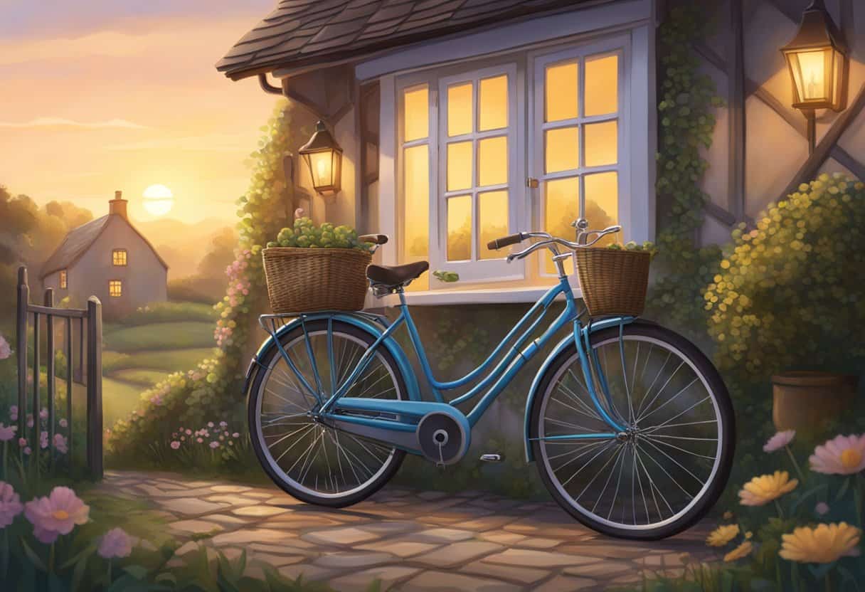 Chummy's journey: A bicycle leaning against a quaint English cottage, a stethoscope hanging from the handlebars, and a warm glow emanating from the window