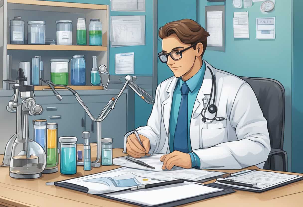 Dr. Blue's lab coat hangs on a chair, stethoscope draped over the back. A clipboard with patient charts sits on the desk, next to a microscope and petri dishes