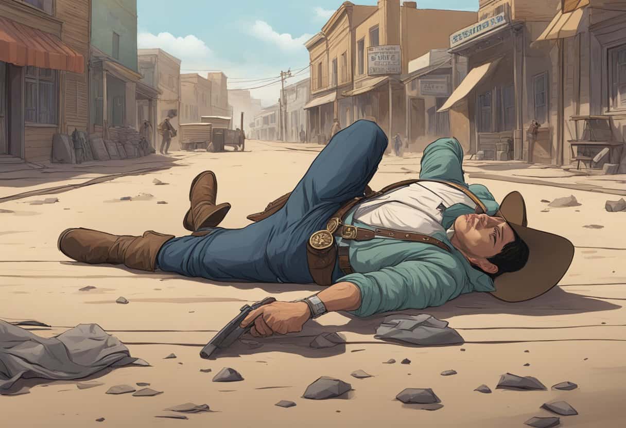 Chester's leg got injured in a gunfight. The scene shows a dusty street with a cowboy lying on the ground clutching his injured leg