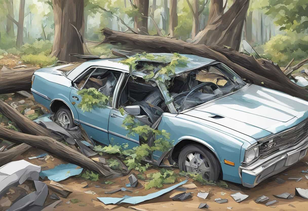 Geoffrey Fieger's car crashed into a tree, leaving the vehicle mangled and surrounded by debris