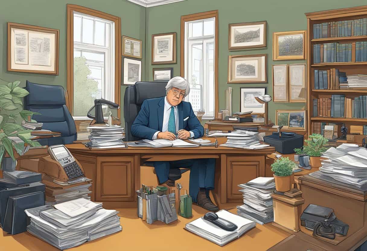 Geoffrey Fieger's office: cluttered desk, law books, awards on wall, busy phone, confident posture