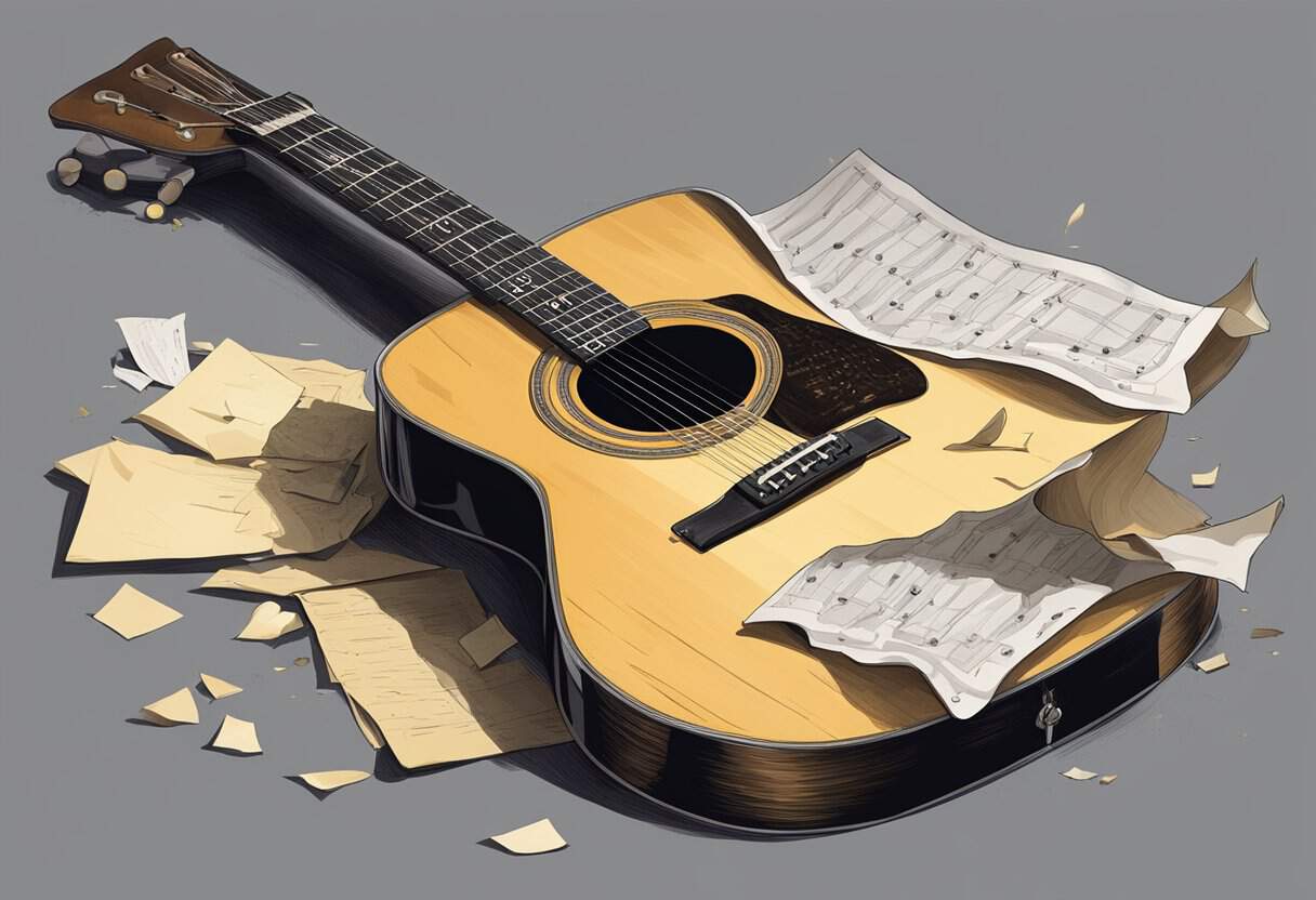 A broken guitar lies abandoned on a dusty stage, while a tear-stained note is crumpled in the spotlight's glow