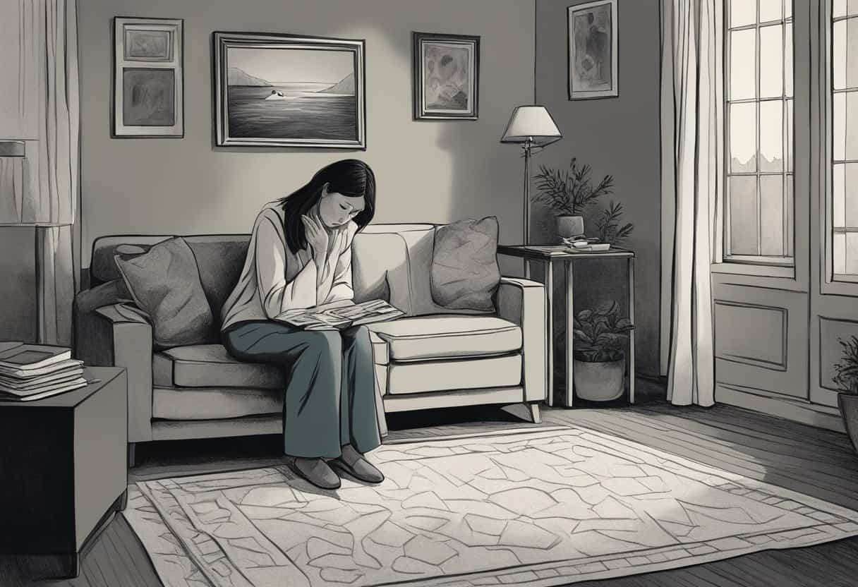 A woman sits alone in a dimly lit room, tears streaming down her face as she clutches a photograph of her daughter. The room is filled with the silence of her private grief, while outside, the world continues on, oblivious to her pain