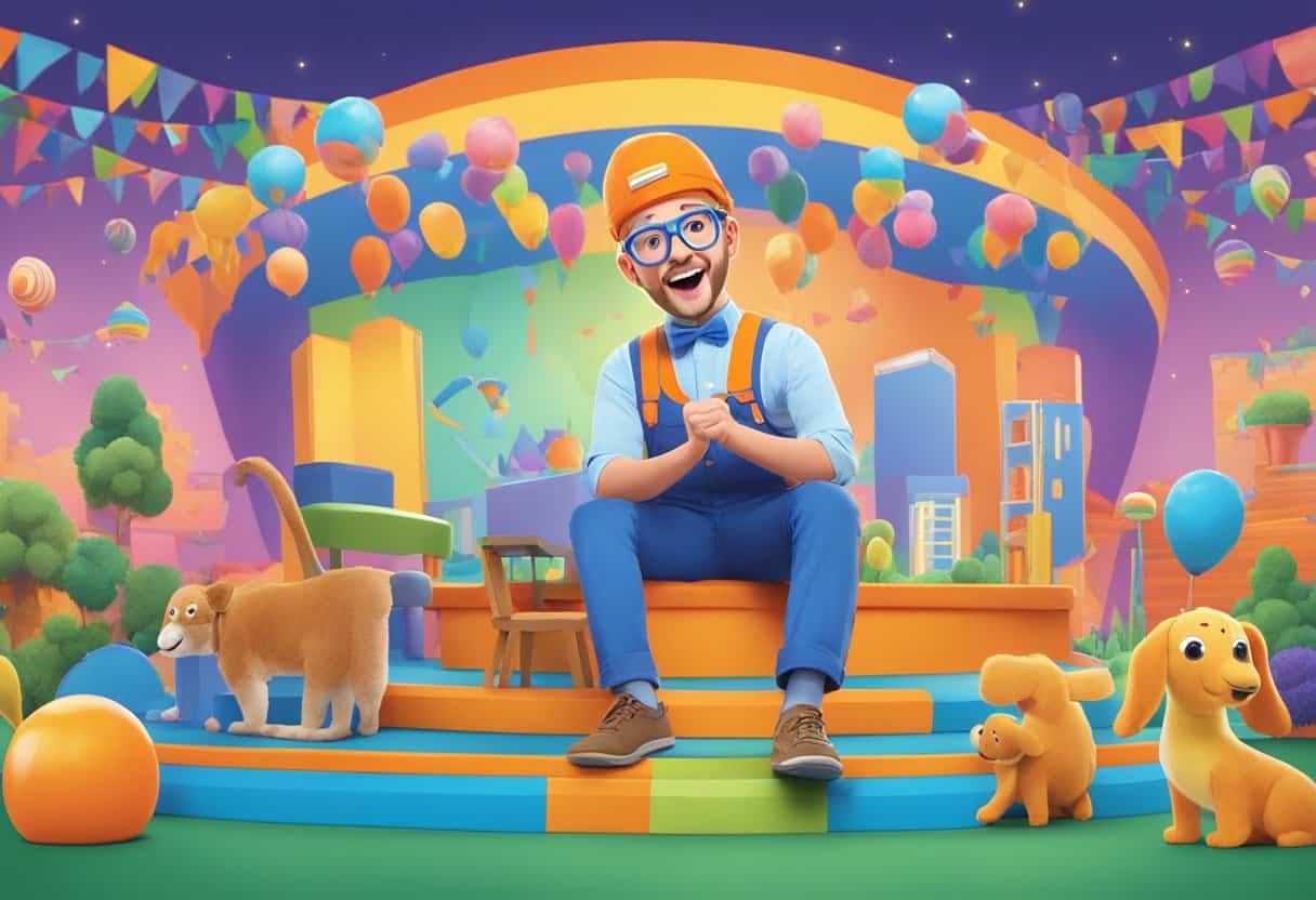 Blippi's vibrant world: a colorful stage with playful props, joyful music, and smiling faces, inviting viewers to join in the fun