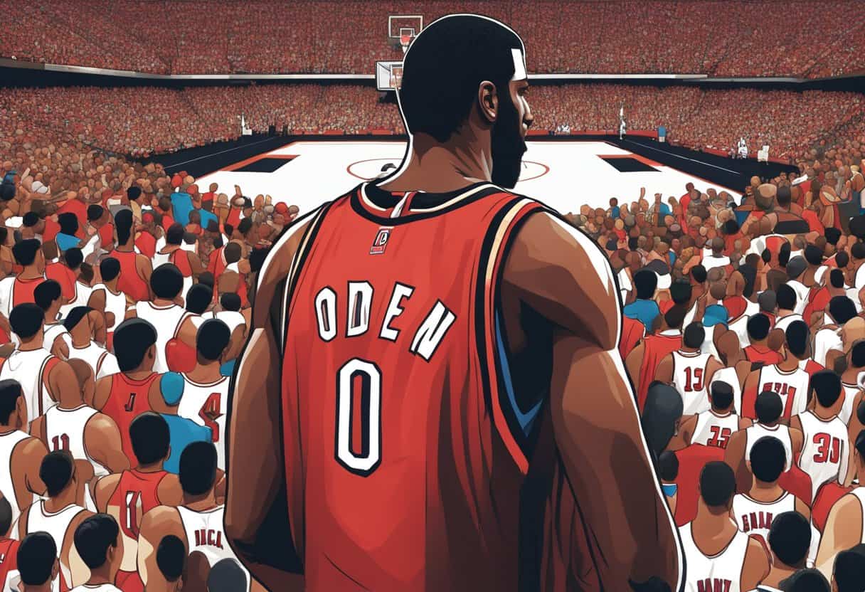 Greg Oden's basketball career cut short. Show a towering figure in a jersey, head bowed in disappointment, surrounded by empty basketball courts