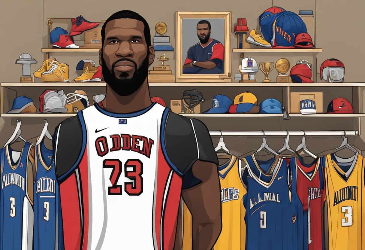 Greg Oden's journey from NBA to alumni role, depicted through a basketball jersey hanging on a locker, surrounded by trophies and a diploma