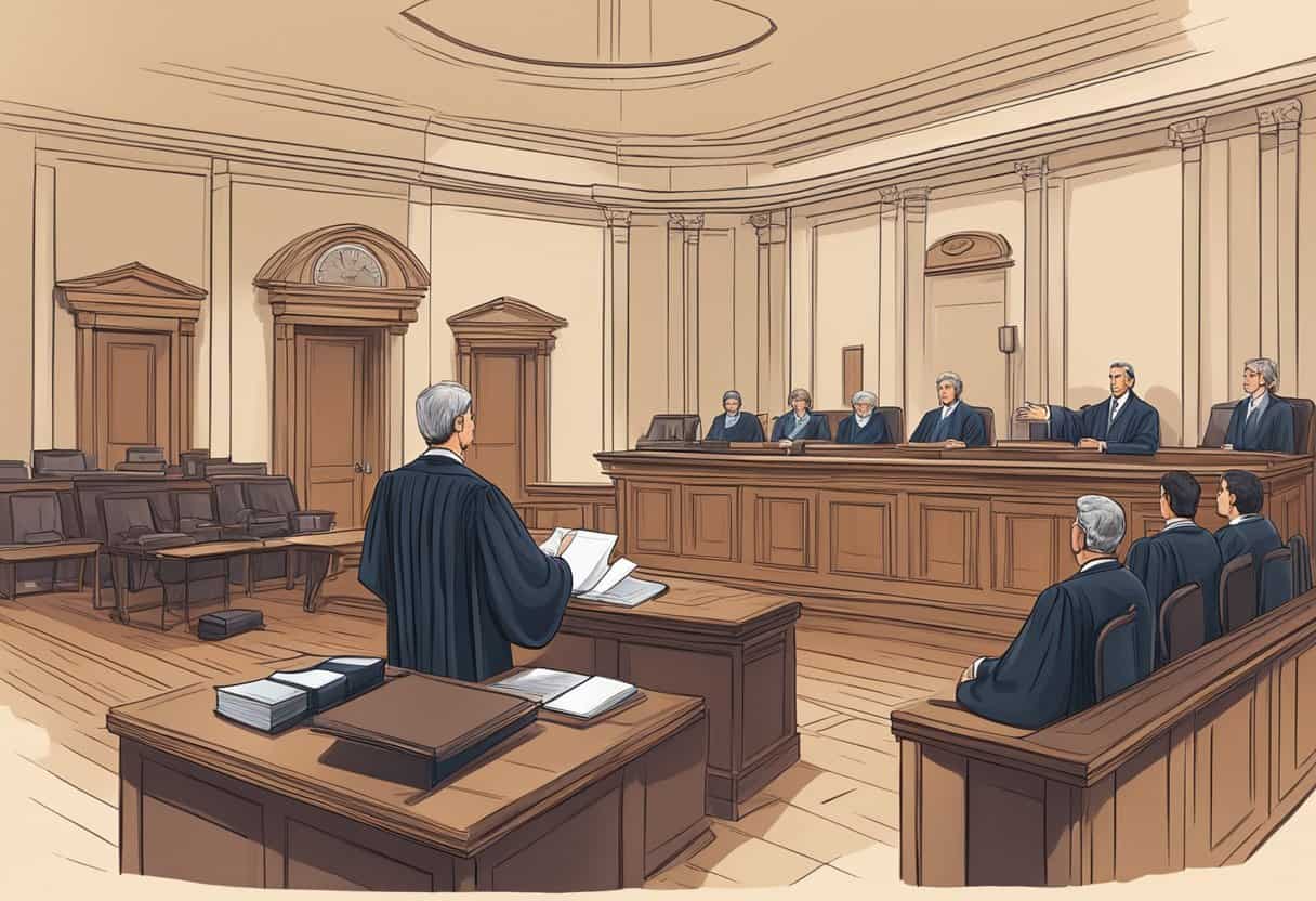 A courtroom with a judge presiding over a case, while a lawyer presents arguments and evidence related to legal issues and mental health